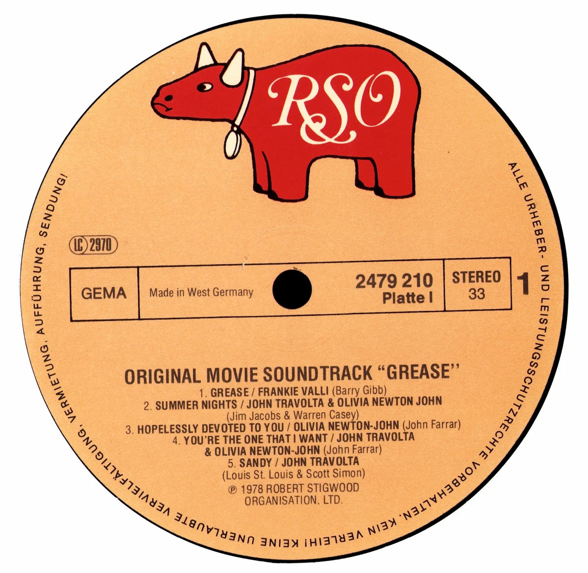 Grease Soundtrack RSO-Label Platte I, Seite 1, 2479 210, Stereo
