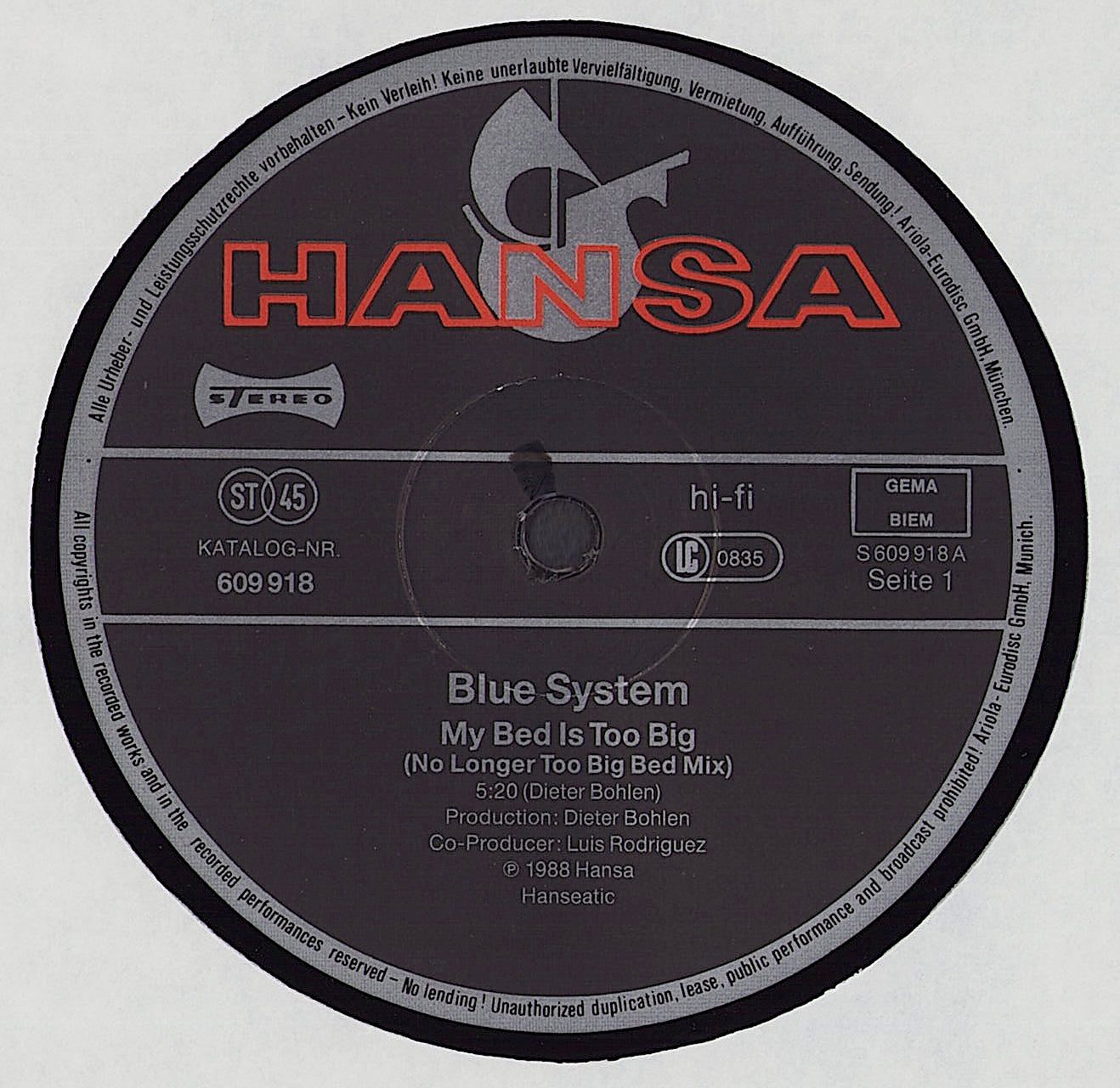 Blue System - My Bed Is Too Big Vinyl 12"