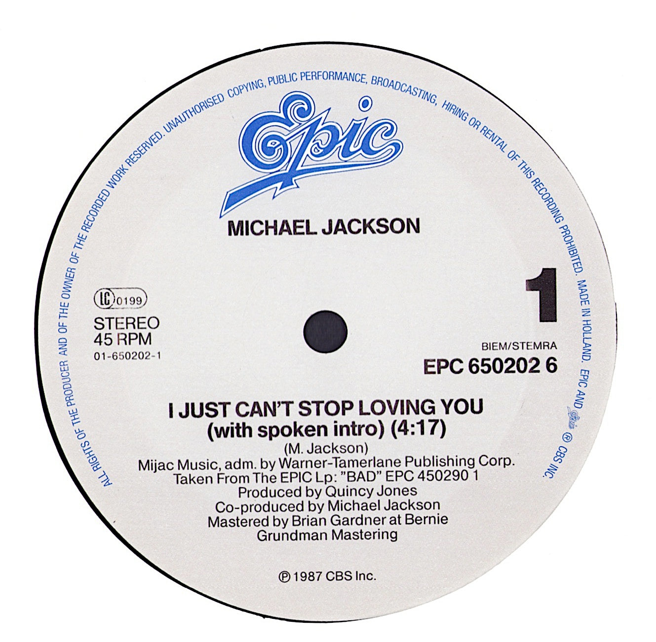 Michael Jackson - I Just Can't Stop Loving You Vinyl 12"