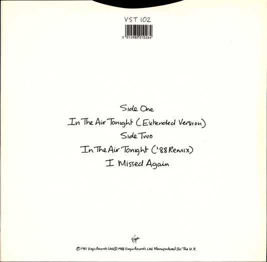 Phil Collins – In The Air Tonight 88' Remix And Extended Version Vinyl 12" | UK Original | 1988