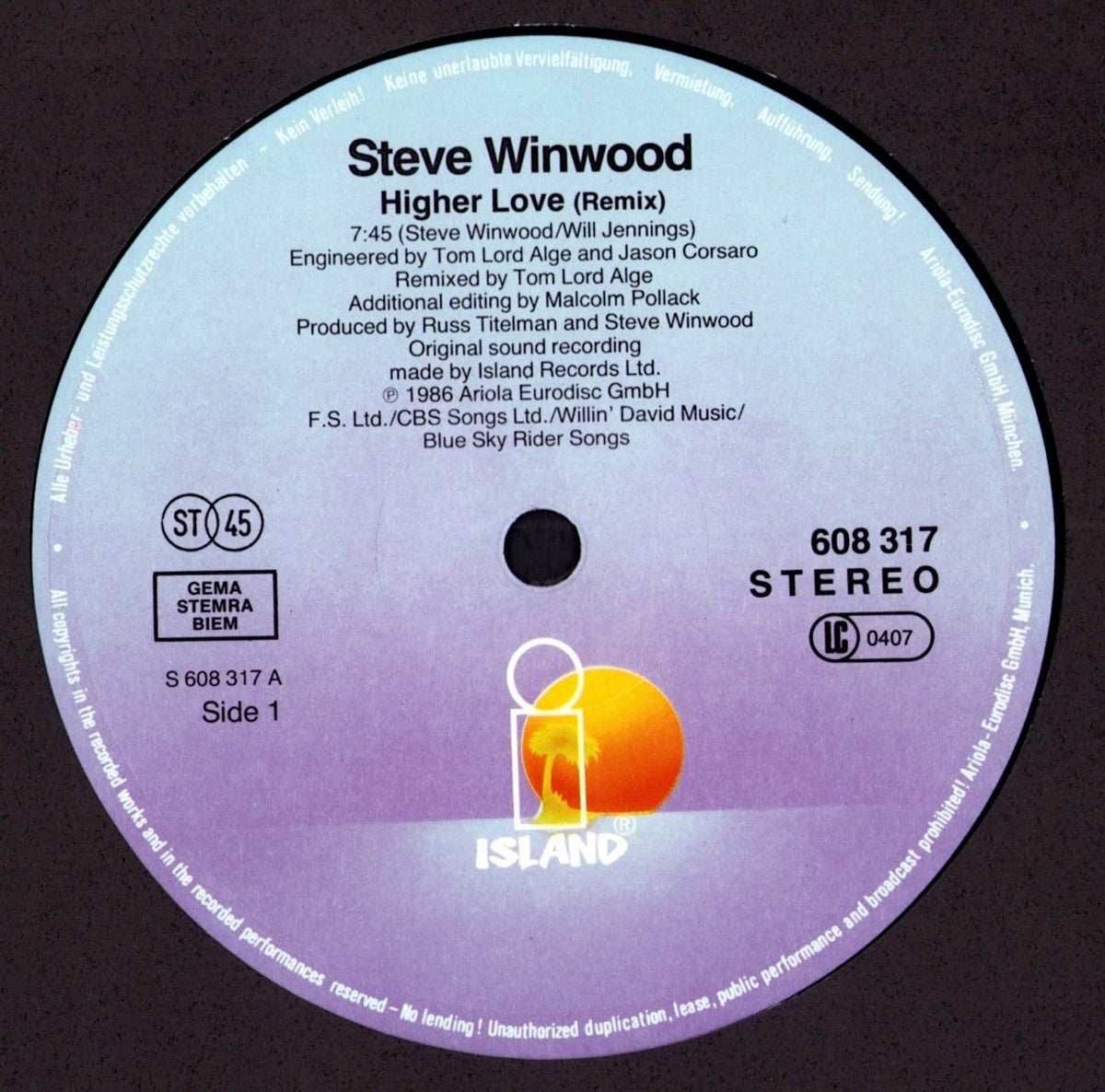 Steve Winwood – Higher Love Vinyl 12" Maxi-Single | EU Original | 1986