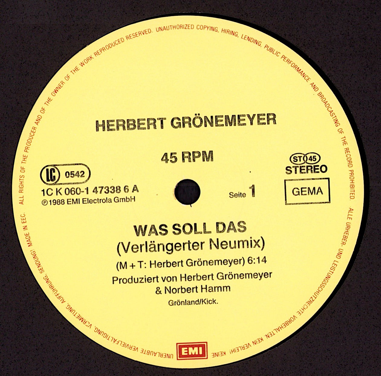 Herbert Grönemeyer – Was Soll Das Verlängerter Neumix Vinyl 12" | Germany Original | 1988