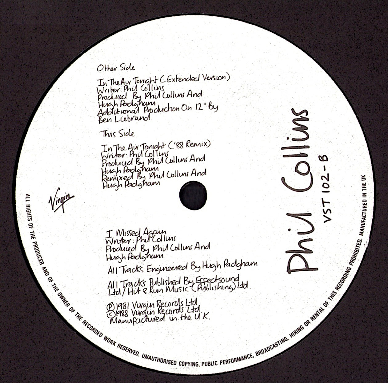 Phil Collins – In The Air Tonight 88' Remix And Extended Version Vinyl 12" | UK Original | 1988