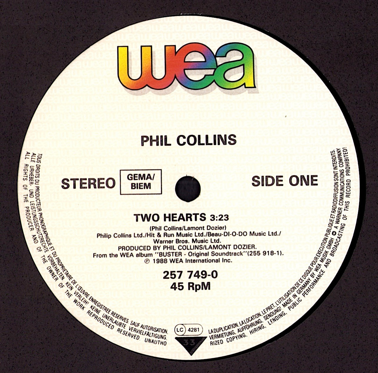 Phil Collins – Two Hearts Vinyl 12" | EU Original | 1988