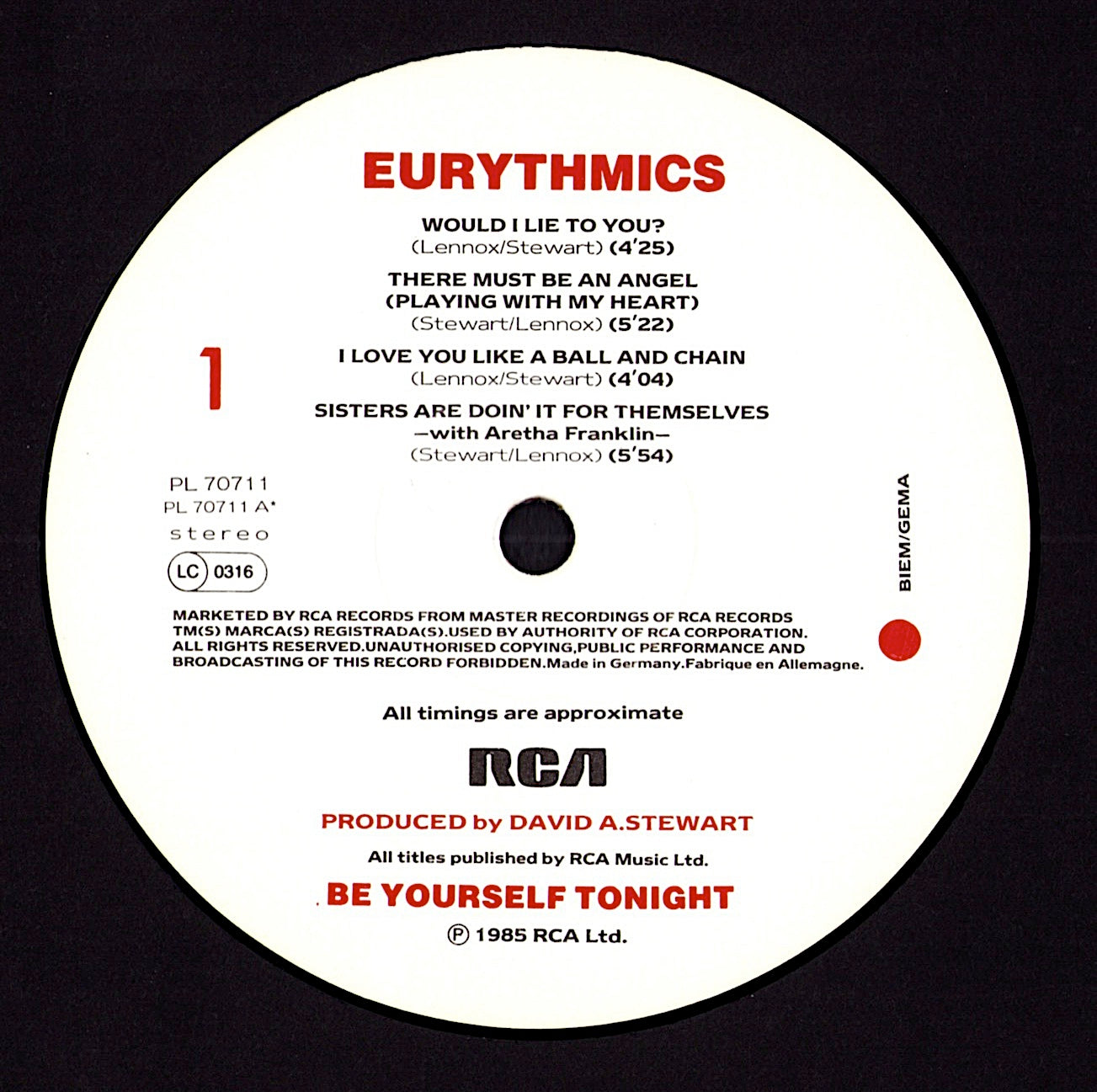 Eurythmics - Be Yourself Tonight Vinyl LP Kopie