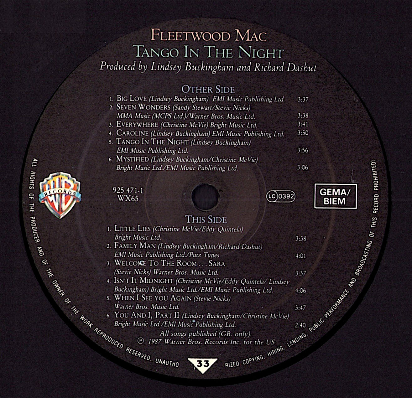 Fleetwood Mac – Tango In The Night Vinyl LP Kopie