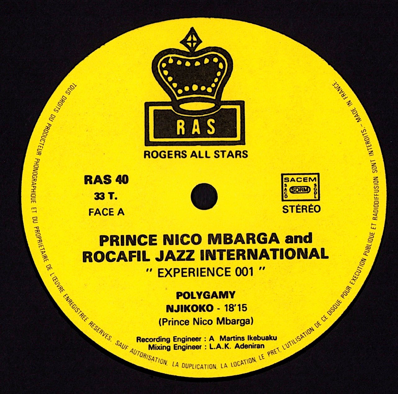 Prince Nico Mbarga & Rocafil Jazz International - Experience 001 Vinyl LP