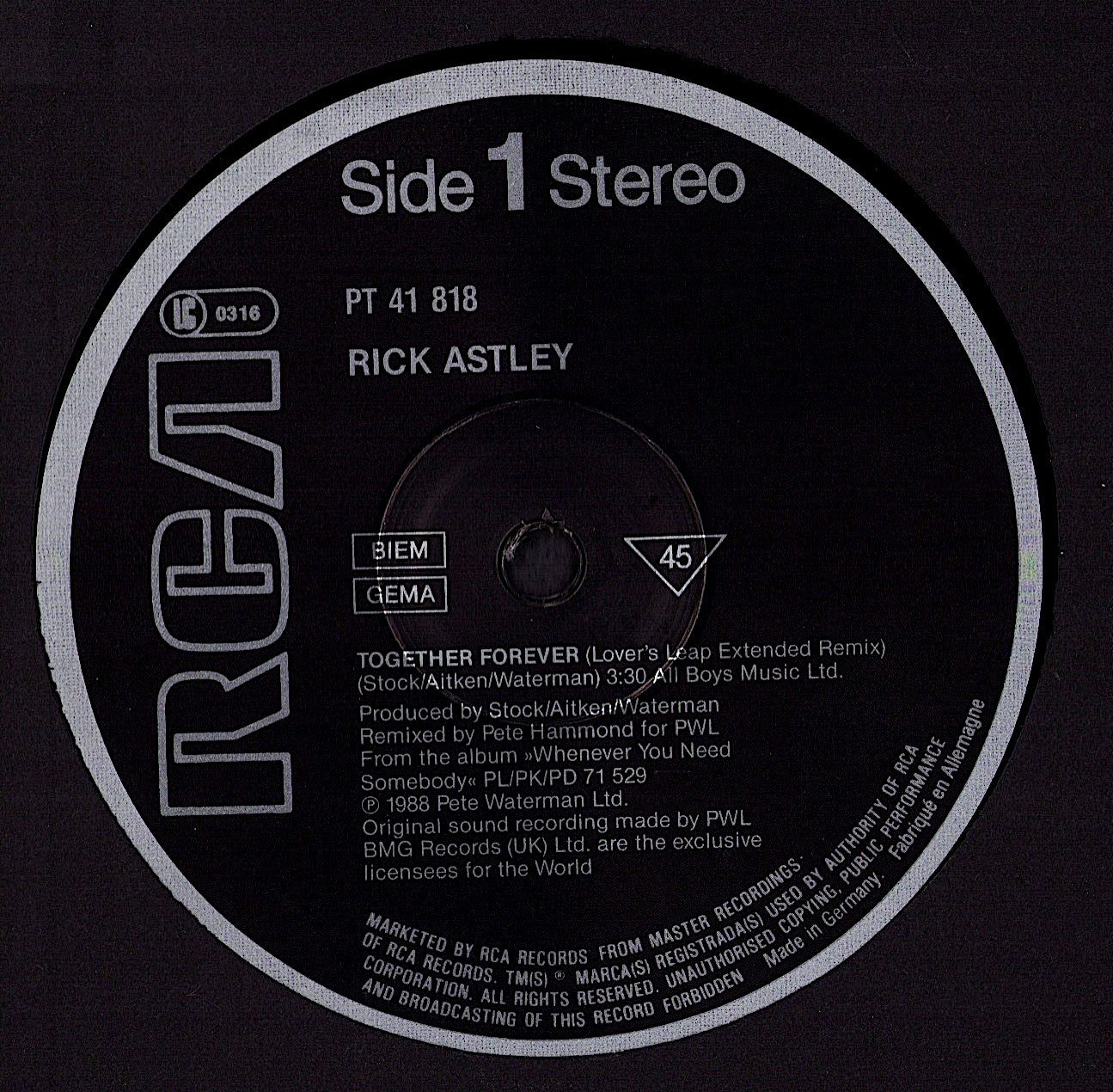 Rick Astley - Together Forever Vinyl 12" Maxi-Single