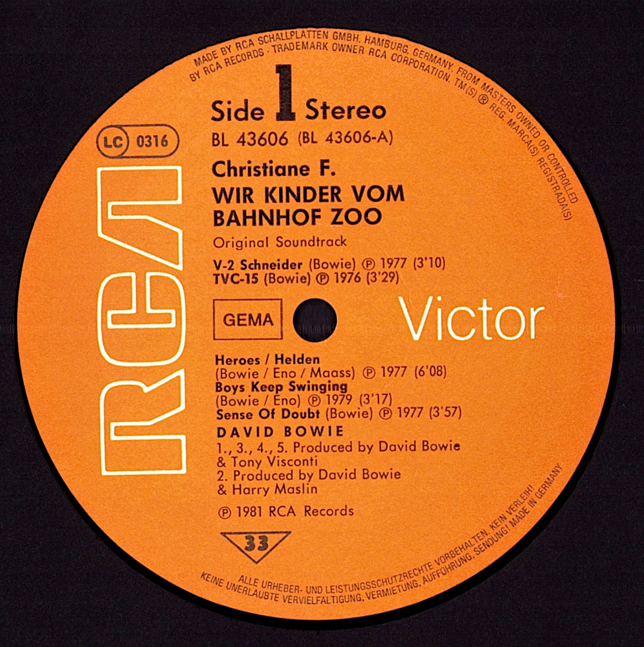 David Bowie - Original Soundtrack Zum Film "Christiane F. Wir Kinder Vom Bahnhof Zoo" Vinyl LP