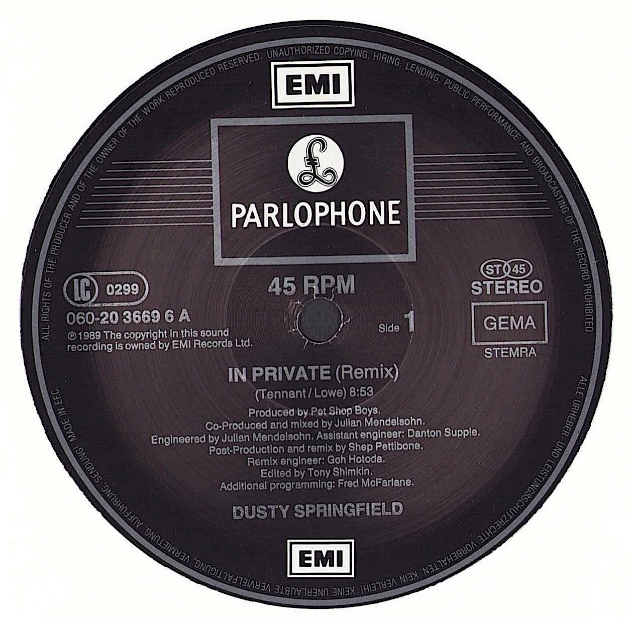 Dusty Springfield - In Private Remix Vinyl 12"