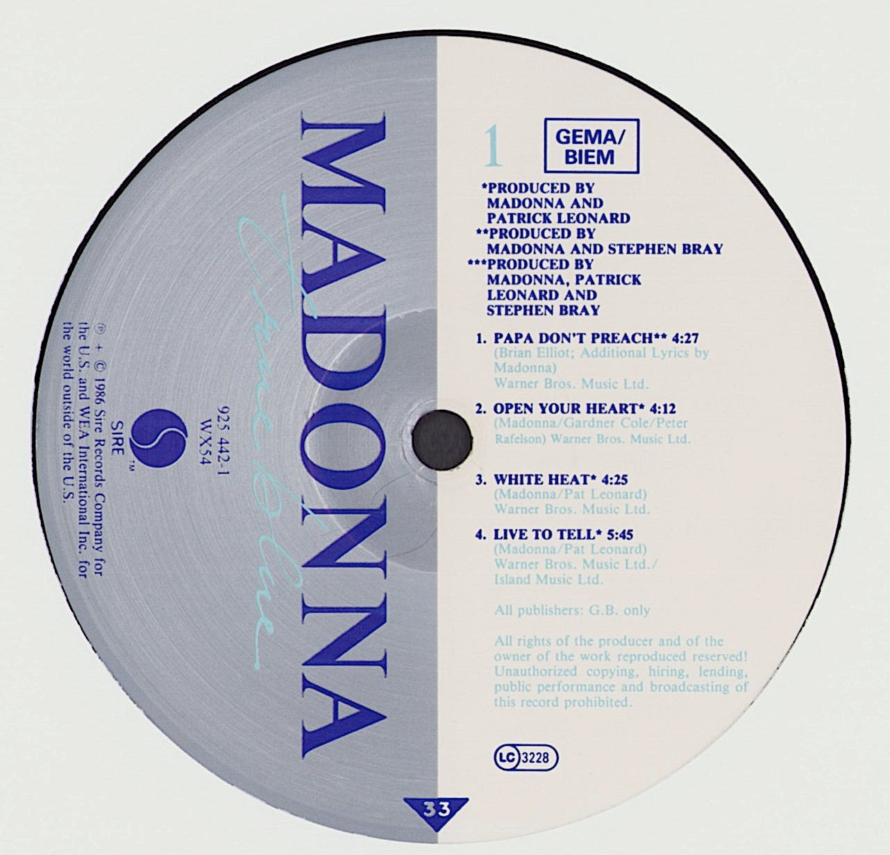 Madonna - True Blue Vinyl LP