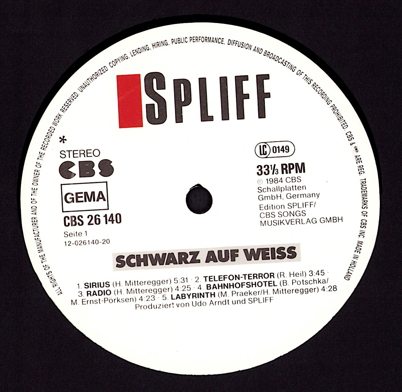 Spliff - Schwarz auf Weiss Vinyl LP