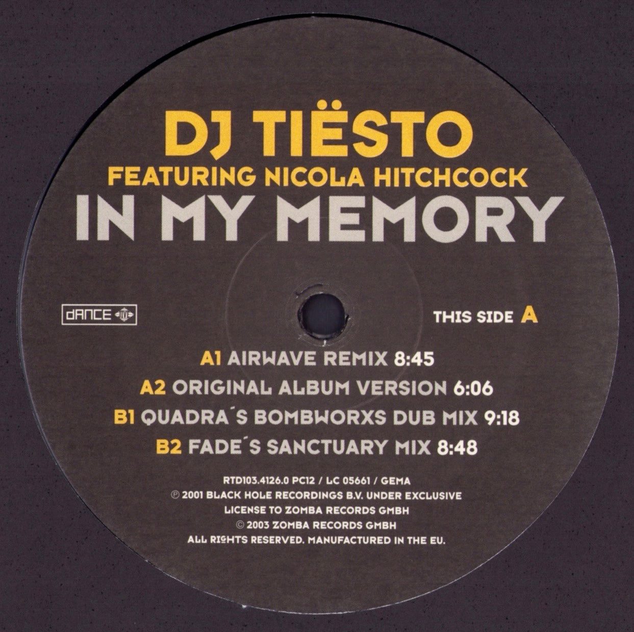 DJ Tiësto Featuring Nicola Hitchcock – In My Memory Vinyl 12"
