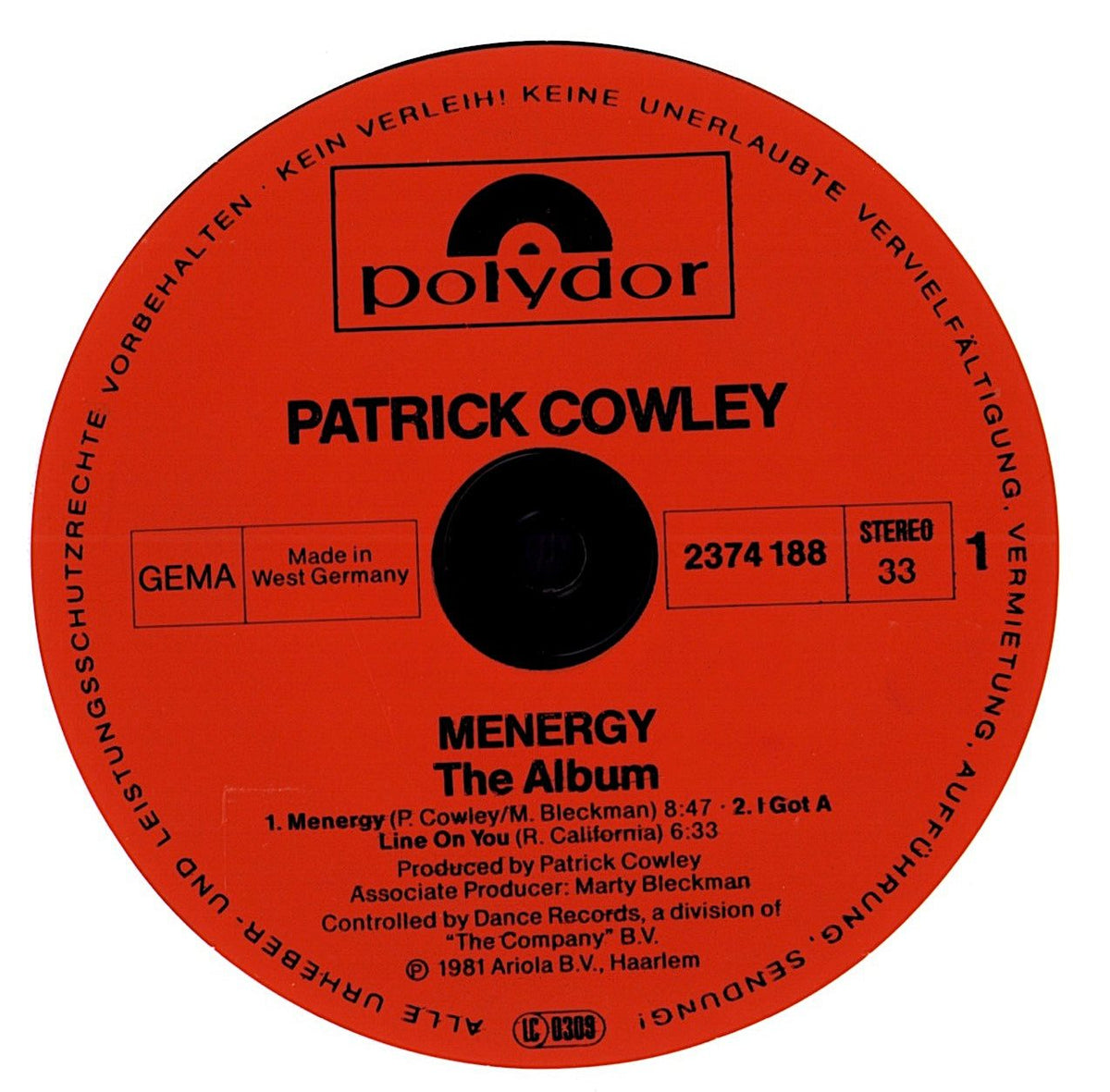 Patrick Cowley - Menergy (Vinyl LP, DE Original, 1981) – Foto 3