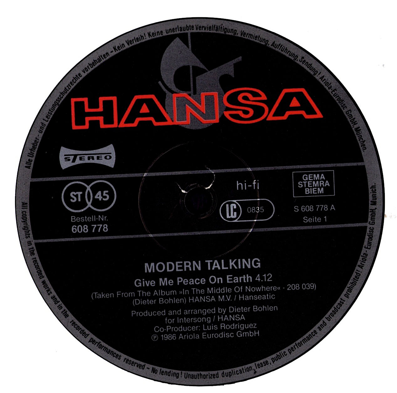 Modern Talking – Give Me Peace On Earth Vinyl 12" Maxi-Single