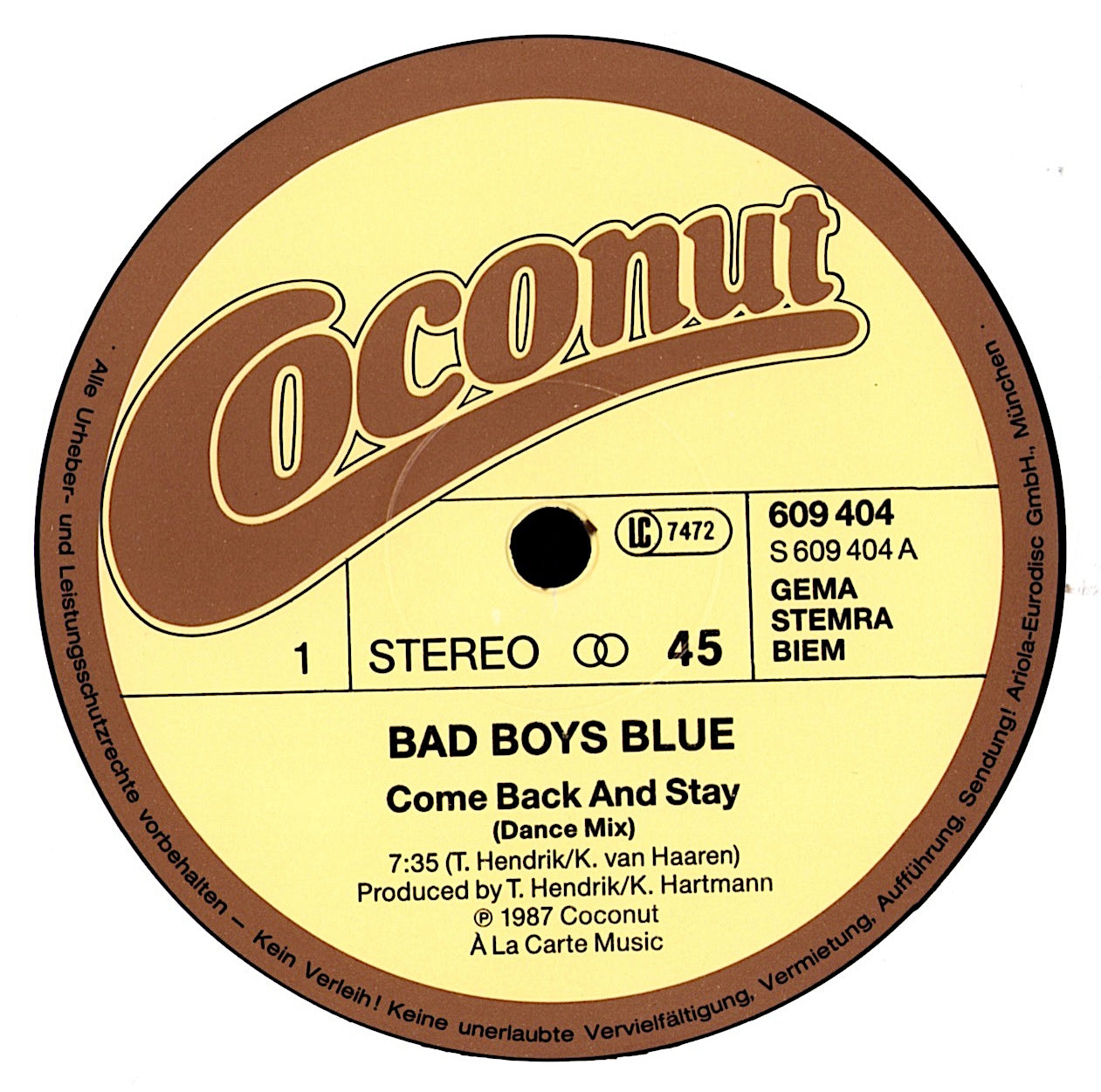 Bad Boys Blue - Come Back And Stay Vinyl 12" Maxi-Single