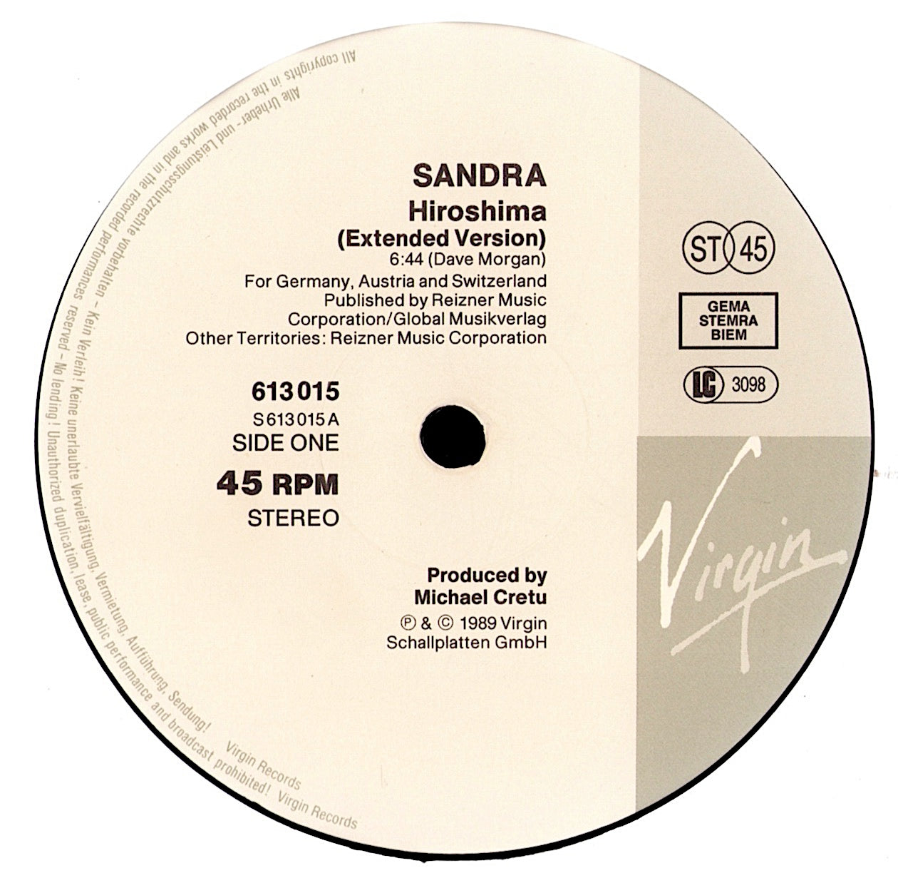 Sandra - Hiroshima Extended Version Vinyl 12" Maxi-Single