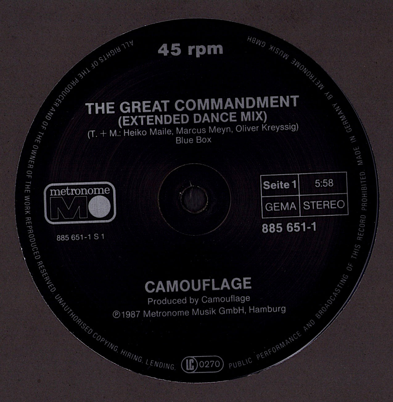Camouflage – The Great Commandment Extended Dance Mix Vinyl 12" Maxi-Single