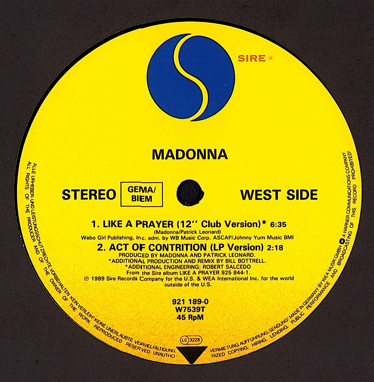 Madonna - Like A Prayer 12" Extended Remix Vinyl 12" Maxi-Single