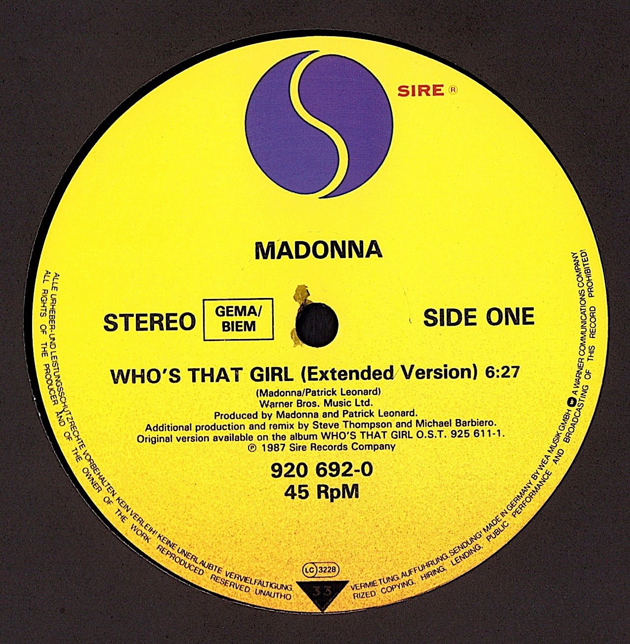 Madonna - Who's That Girl Extended Version Vinyl 12" Maxi-Single