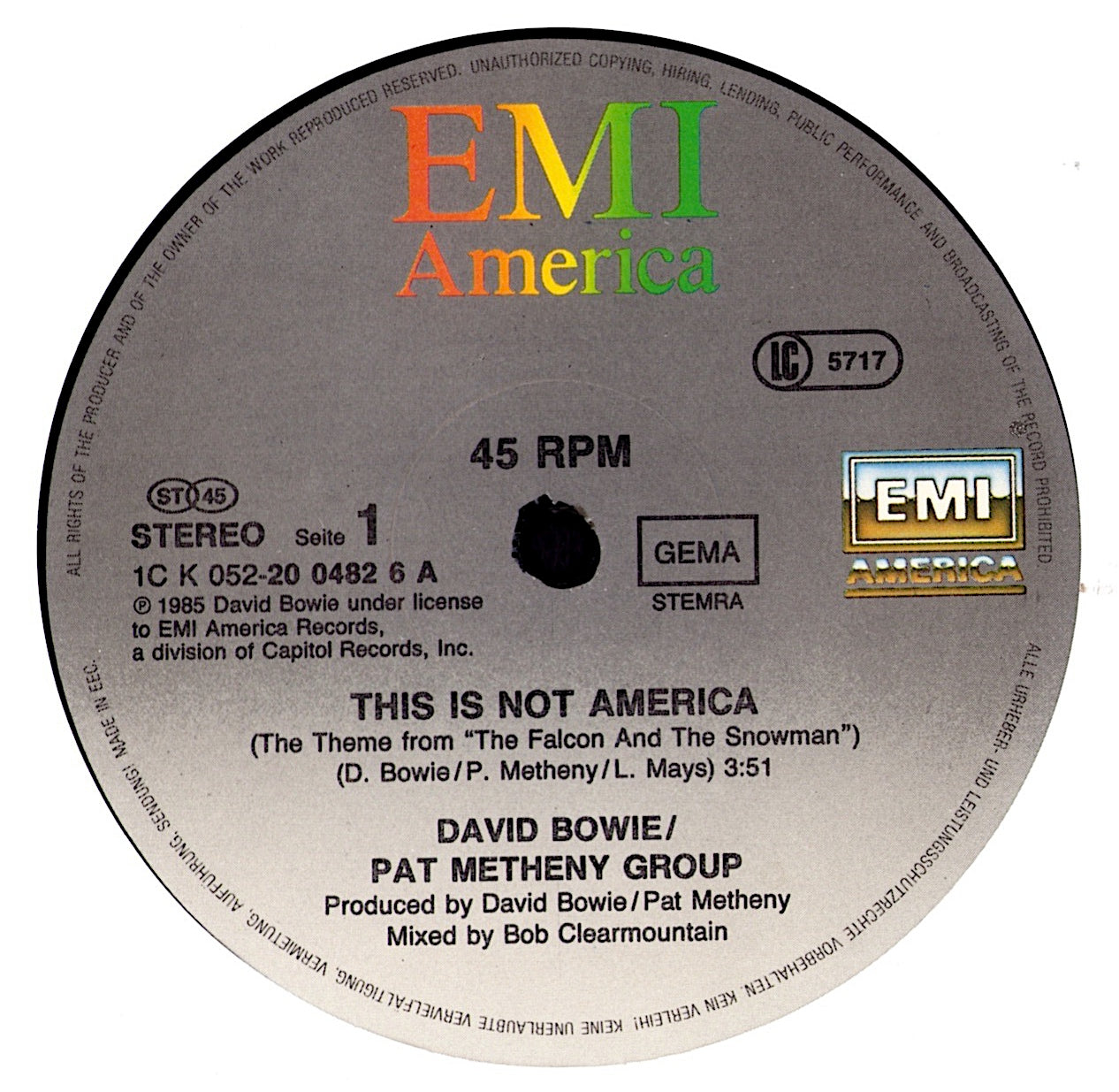 David Bowie / Pat Metheny Group - This Is Not America Theme From The Original Motion Picture, The Falcon And The Snowman Vinyl 12"