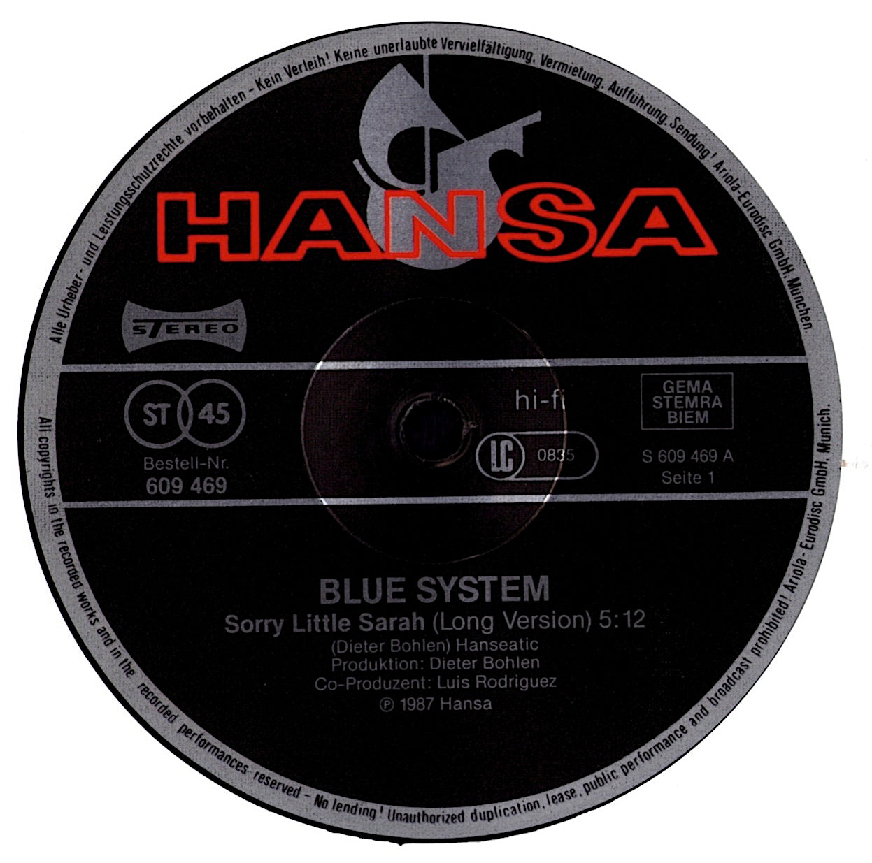 Blue System - Sorry Little Sarah Long Version Vinyl 12" Maxi-Single