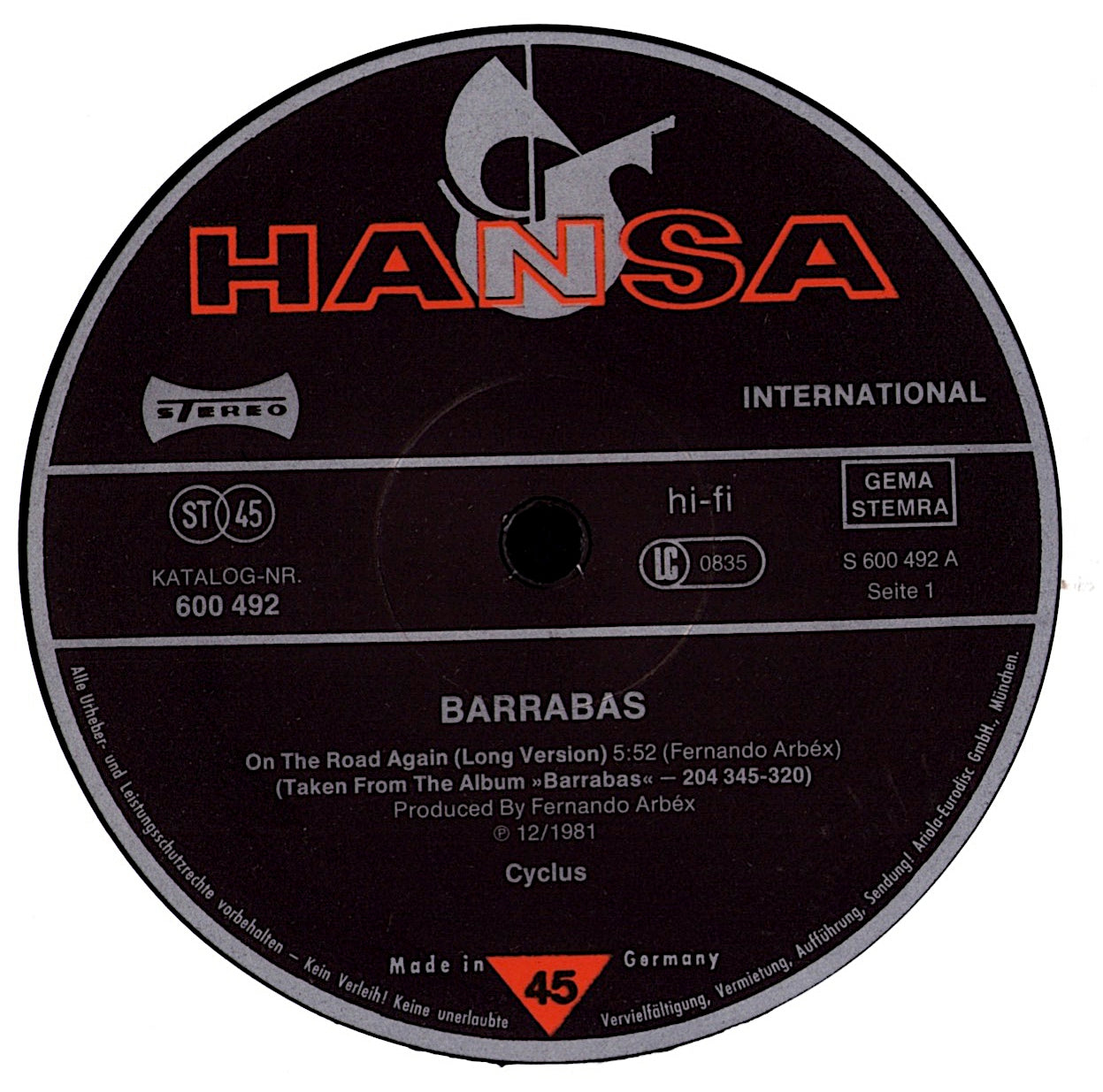 Barrabas – On The Road Again Long Version Vinyl 12" Maxi-Single