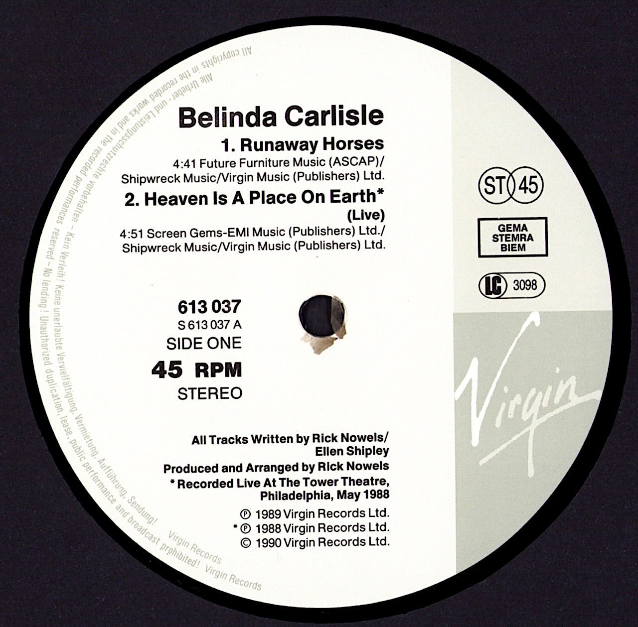 Belinda Carlisle – Runaway Horses Vinyl 12" Maxi-Single