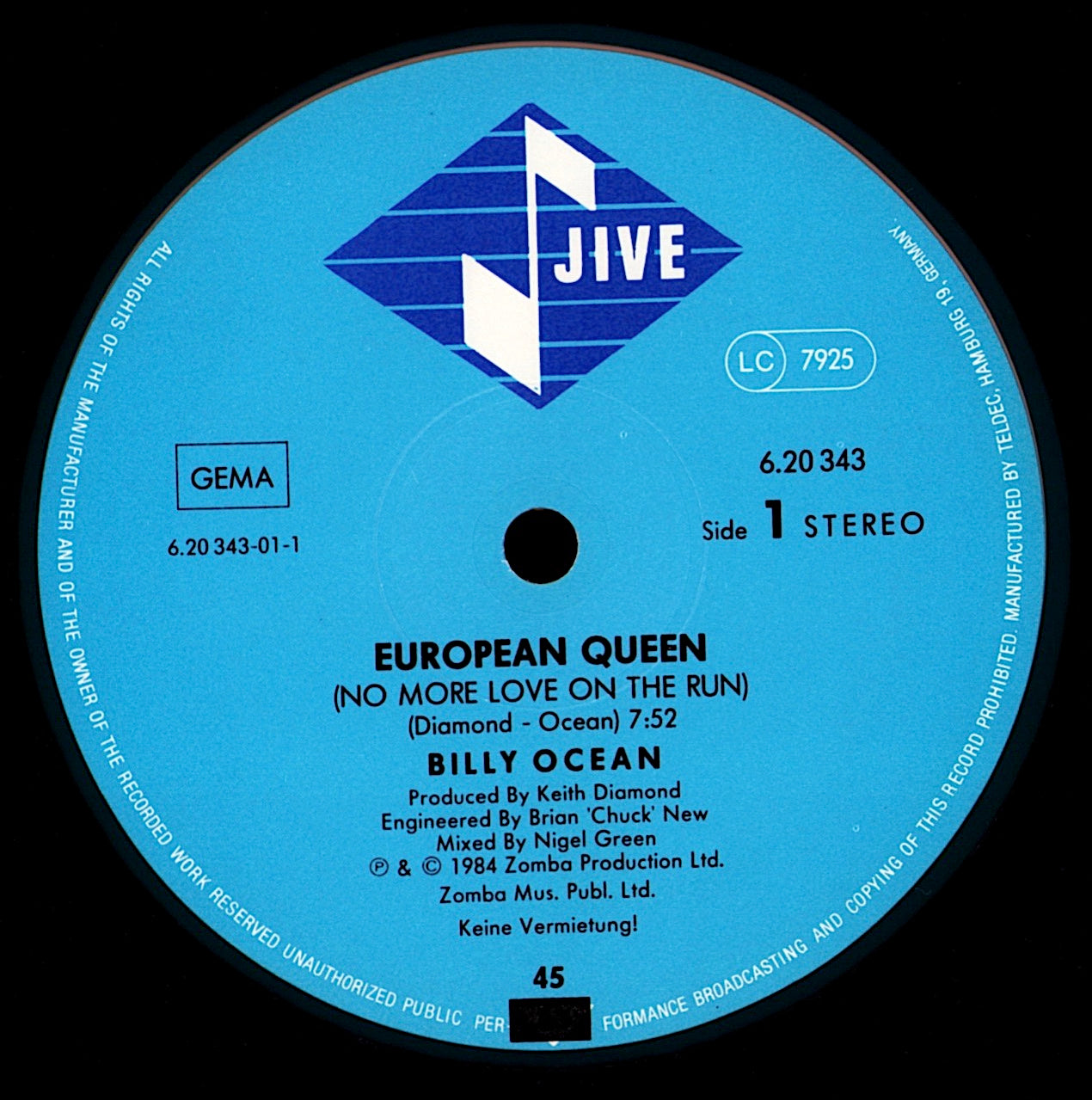 Billy Ocean - European Queen No More Love On The Run Orange Transparent Vinyl 12" Maxi-Single