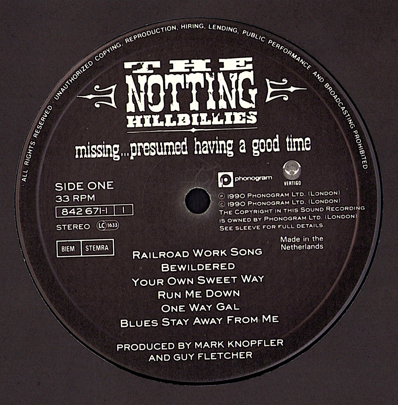 The Notting Hillbillies – Missing...Presumed Having A Good Time Vinyl LP Kopie