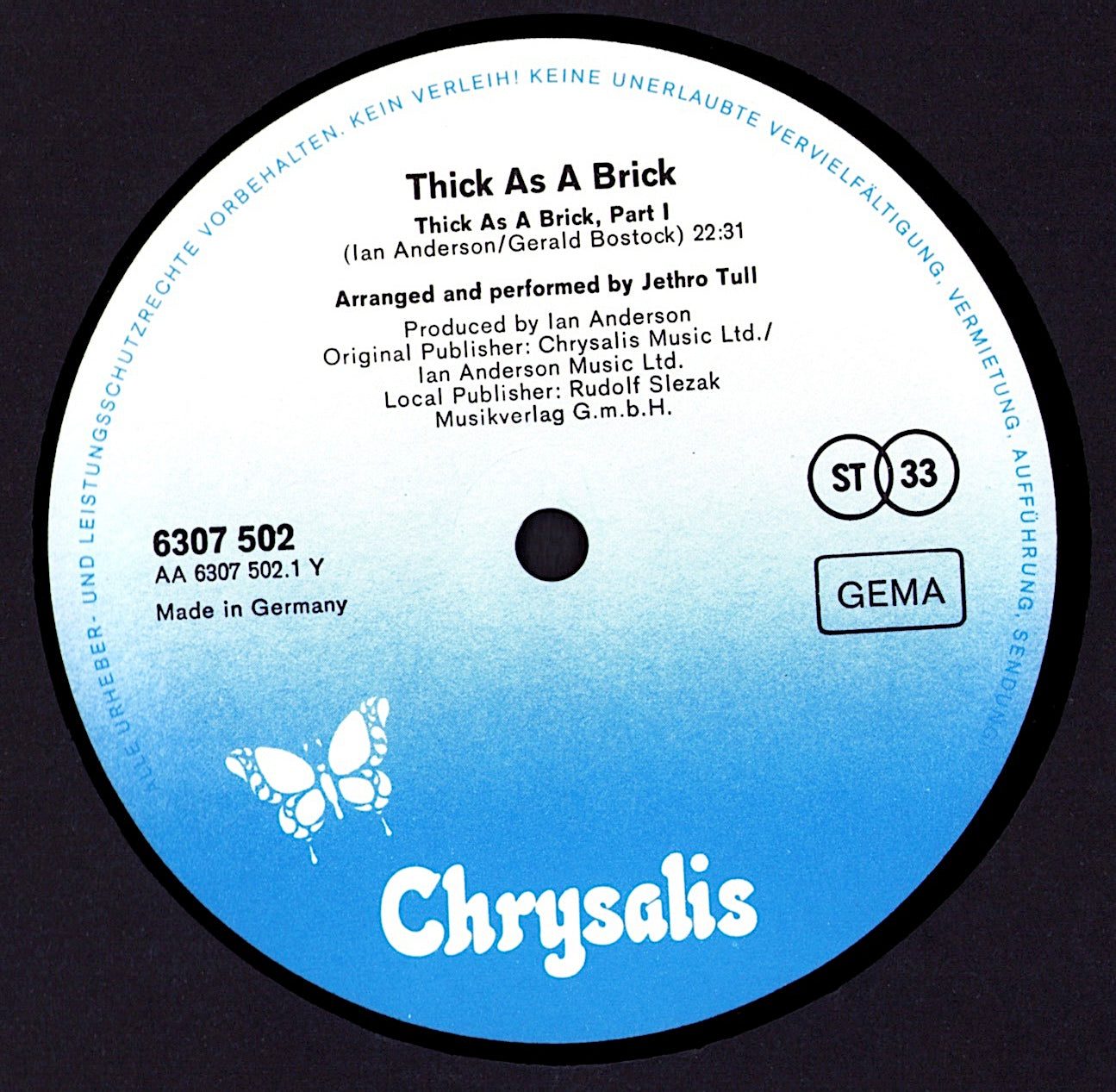 Jethro Tull - Thick As A Brick Vinyl LP Kopie