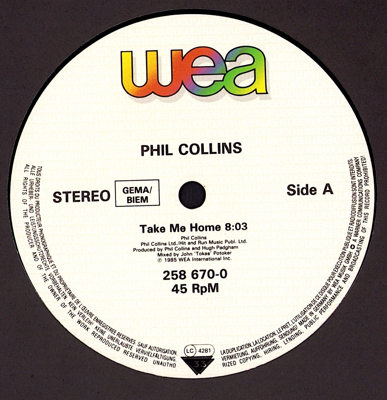 Phil Collins – Sussudio / Don't Lose My Number / You Can't Hurry Love / Take Me Home Extended Version Vinyl 12" Maxi-Single