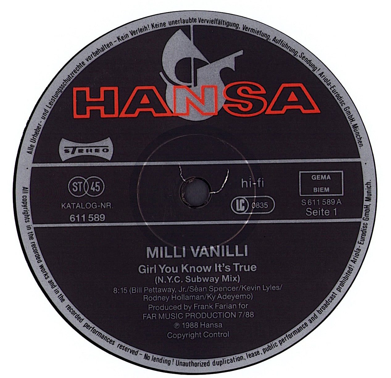 Milli Vanilli - Girl You Know It's True N.Y.C. Subway Mix Vinyl 12" Maxi-Single