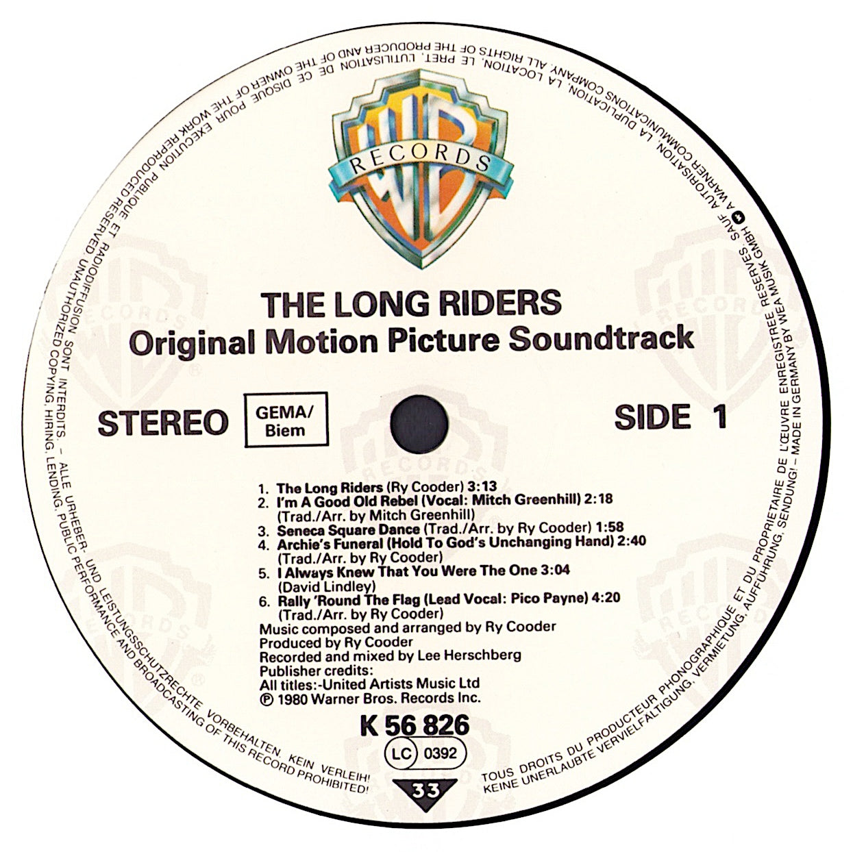 Ry Cooder - The Long Riders Original Sound Track Vinyl LP