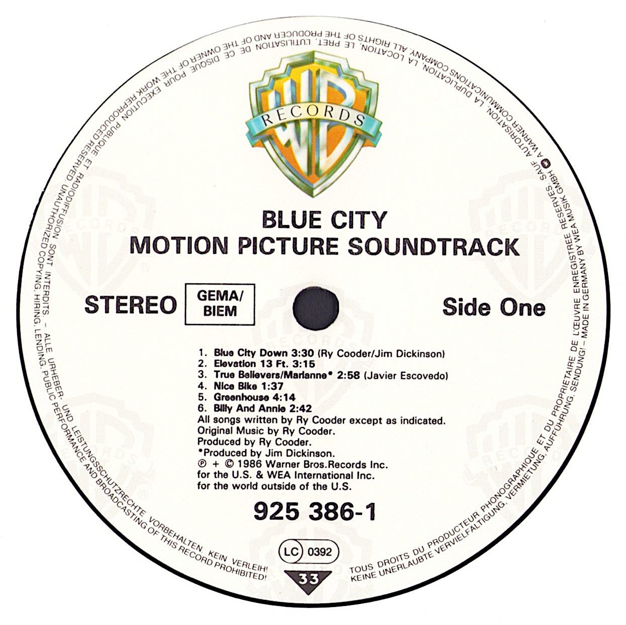 Ry Cooder - Blue City Motion Picture Soundtrack Vinyl LP