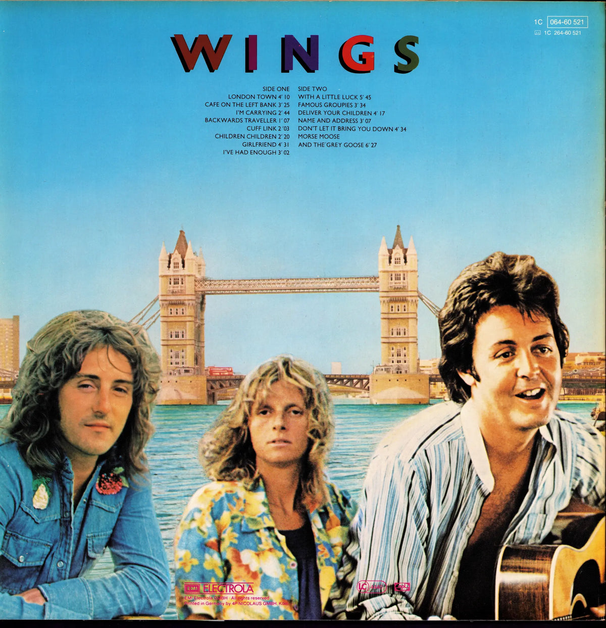 Wings – London Town Vinyl LP Rückseite mit farbigem Bandfoto, Tower Bridge und Trackli