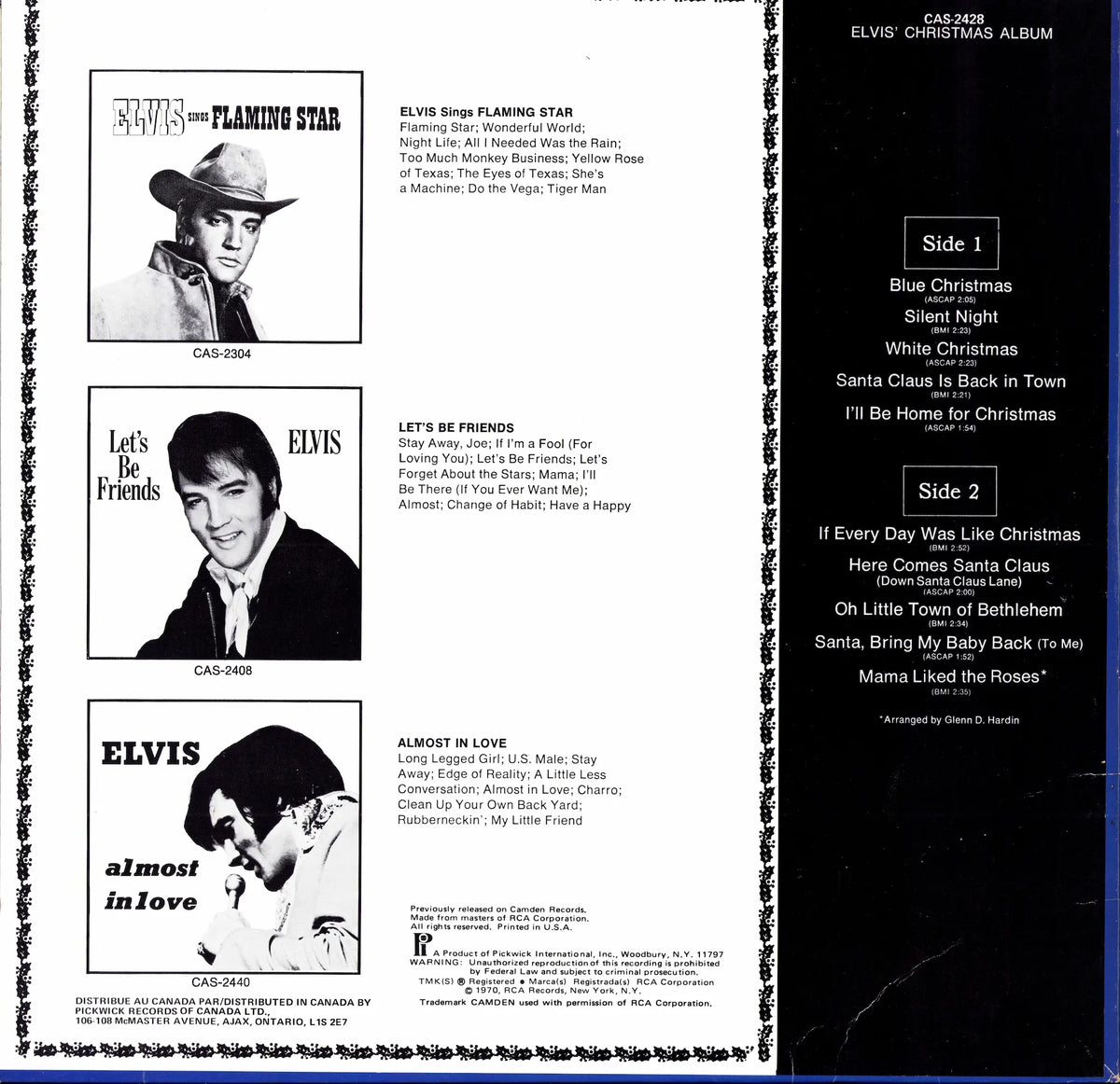 Elvis Presley – Elvis' Christmas Album Vinyl LP Pickwick Rückseite