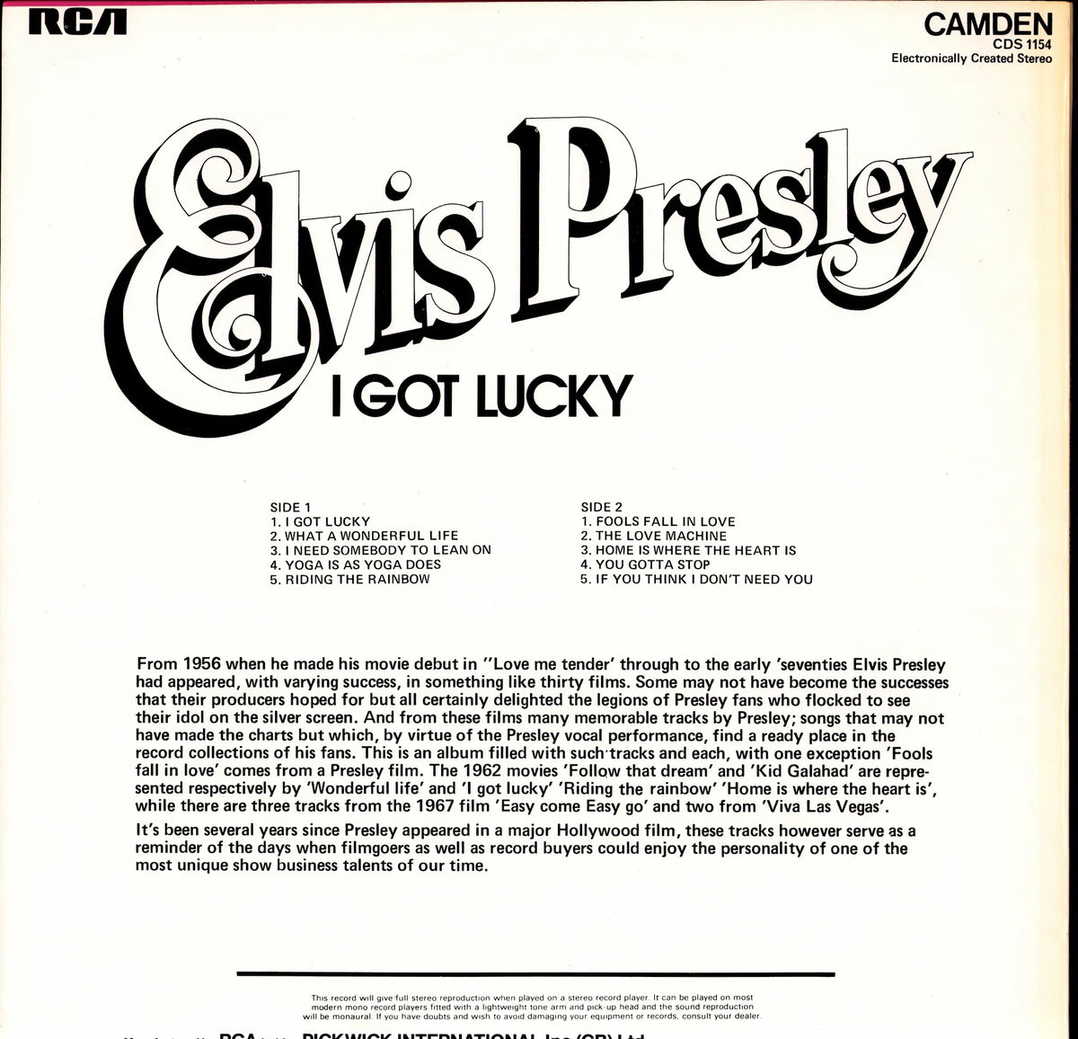 Elvis Presley – I Got Lucky Vinyl LP Rückseite mit Tracklist und Stereo-Hinweis