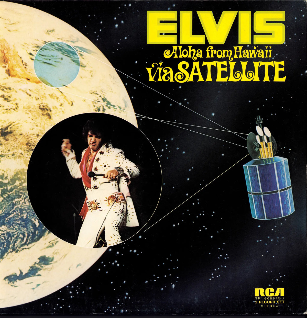 Elvis Presley – Aloha From Hawaii Via Satellite Vinyl 2LP Frontcover mit Elvis und Satellitenmotiv