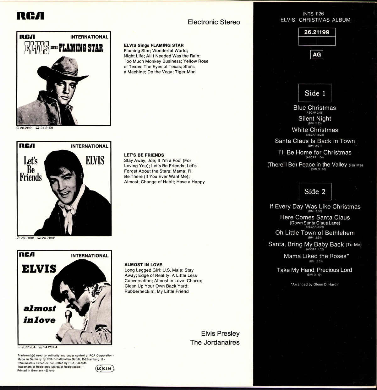 Elvis Presley – Elvis' Christmas Album Vinyl LP Rückseite mit Tracklist und Electronic-Stereo-Aufdruck