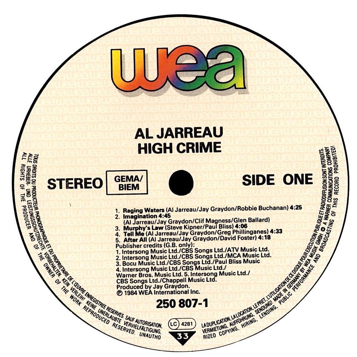 Al Jarreau – High Crime Vinyl LP | EU Original | 1984 Kopie