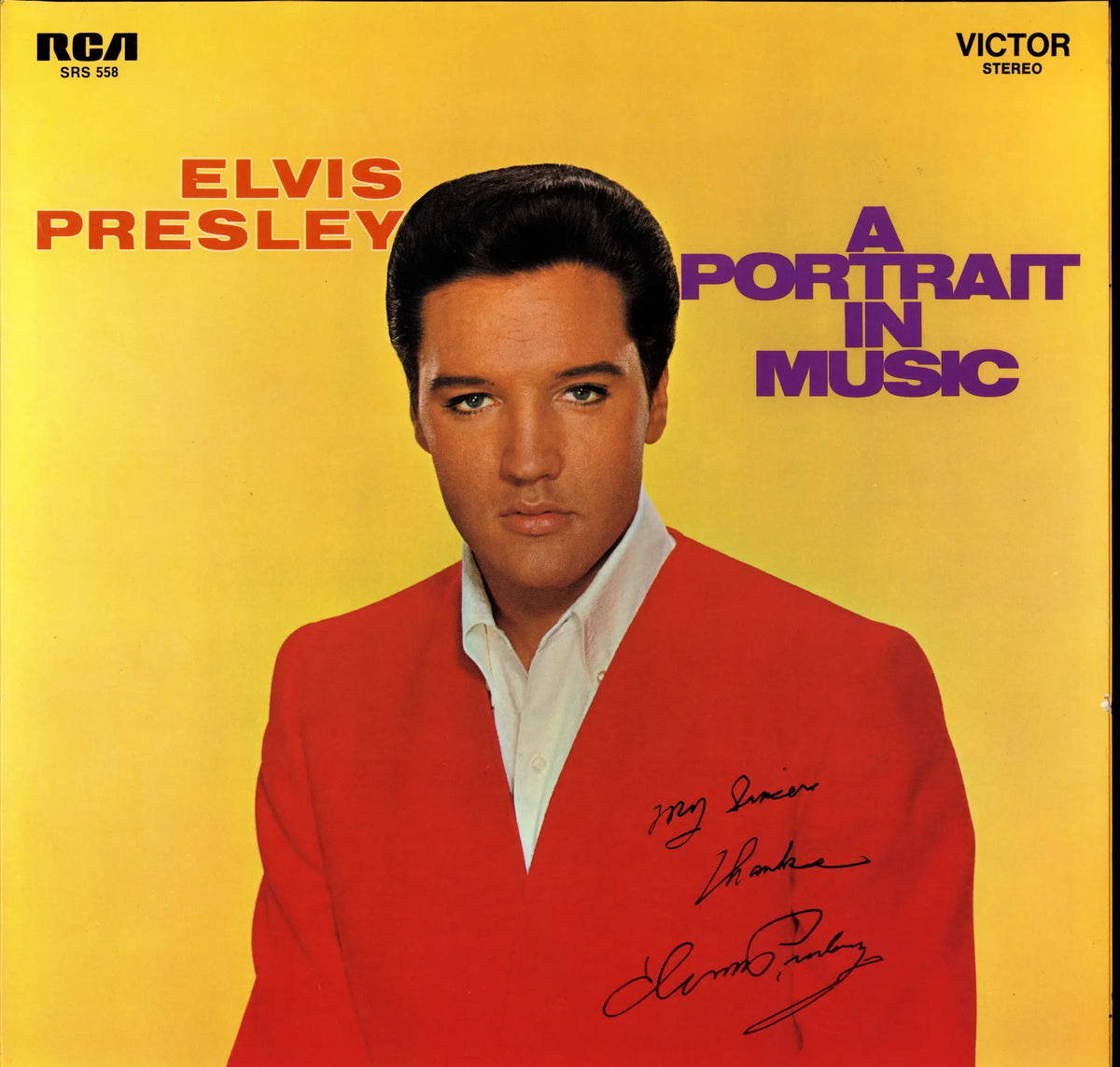 Elvis Presley – A Portrait In Music Vinyl LP Frontcover mit Elvis im roten Jackett vor gelbem Hintergrund
