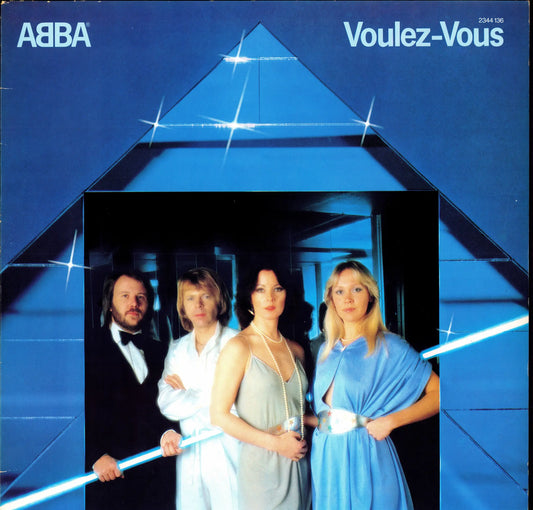 ABBA – Voulez-Vous Vinyl LP Frontcover mit Bandfoto und blauem Spiegelmotiv