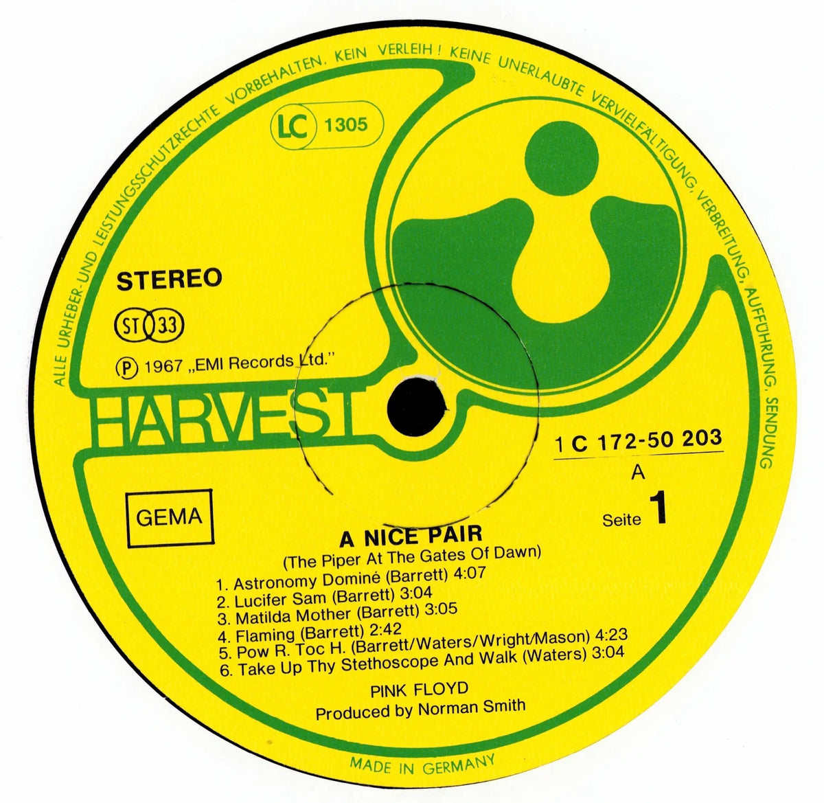 Pink Floyd – A Nice Pair Harvest-Label, The Piper At The Gates Of Dawn, Seite 1