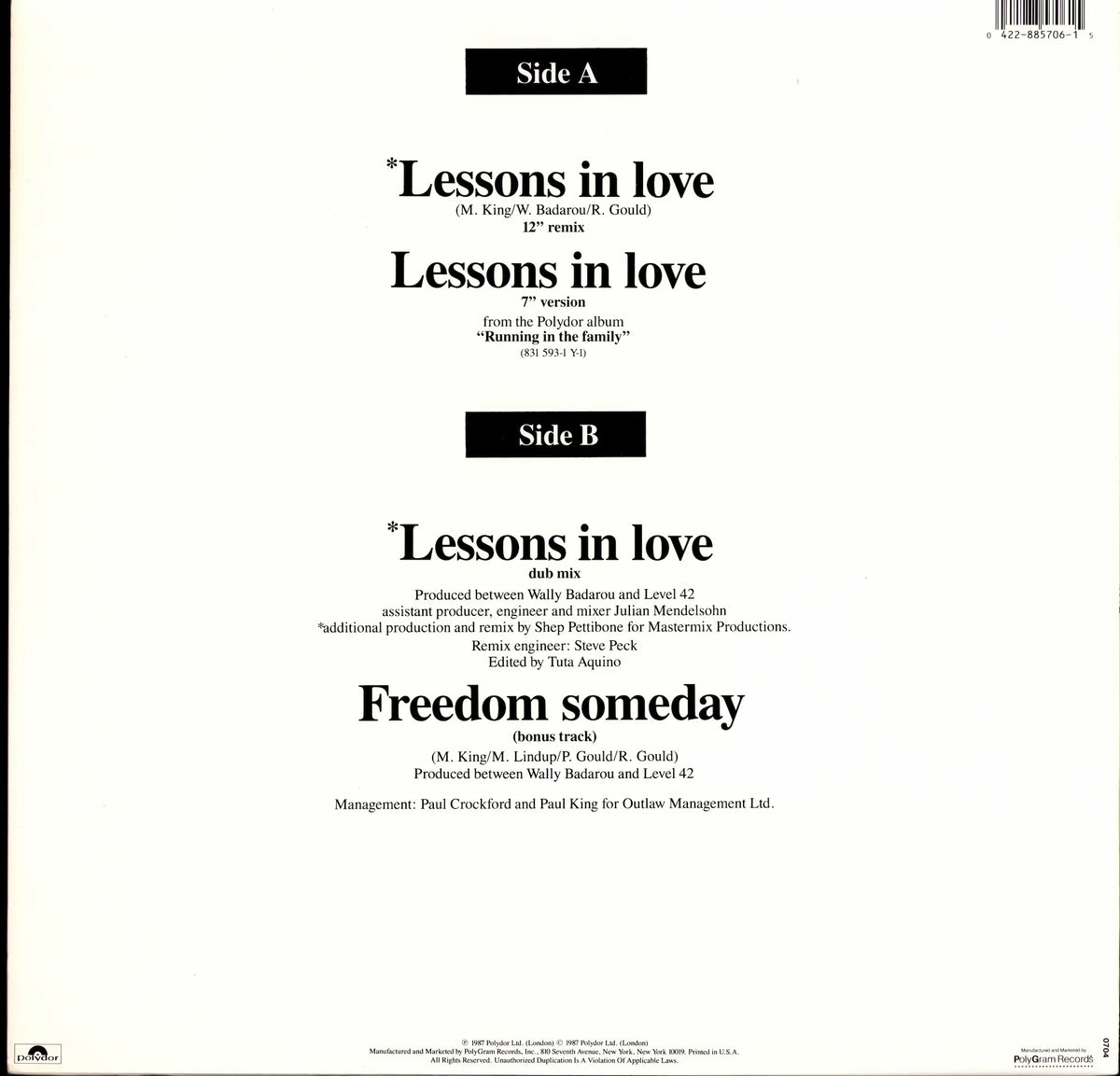 Level 42 - Lessons In Love (Vinyl 12" Single | US Pressing | 1987)