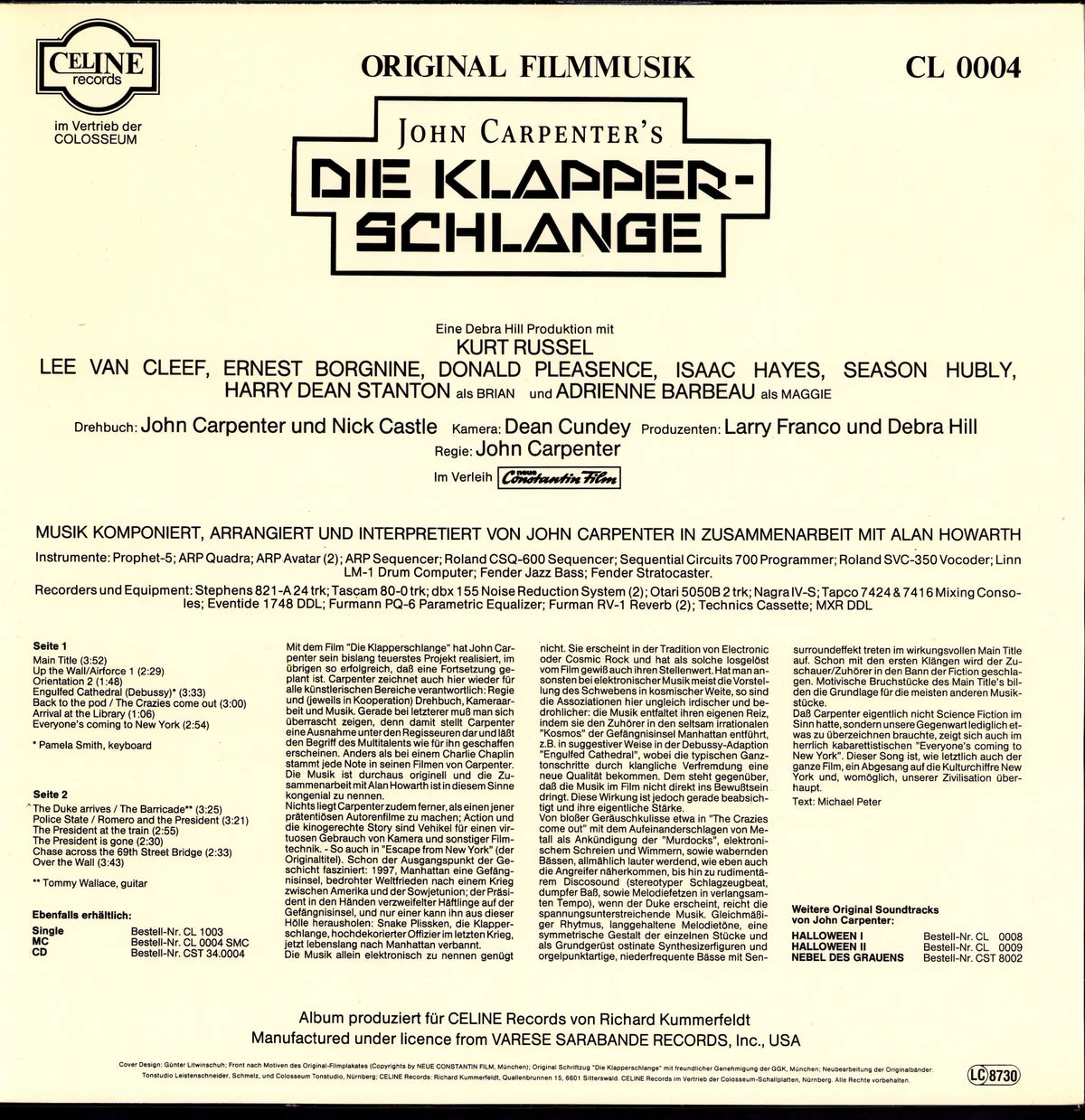 John Carpenter & Alan Howarth - Die Klapperschlange Original Filmmusik Vinyl LP | German Pressing | 1982