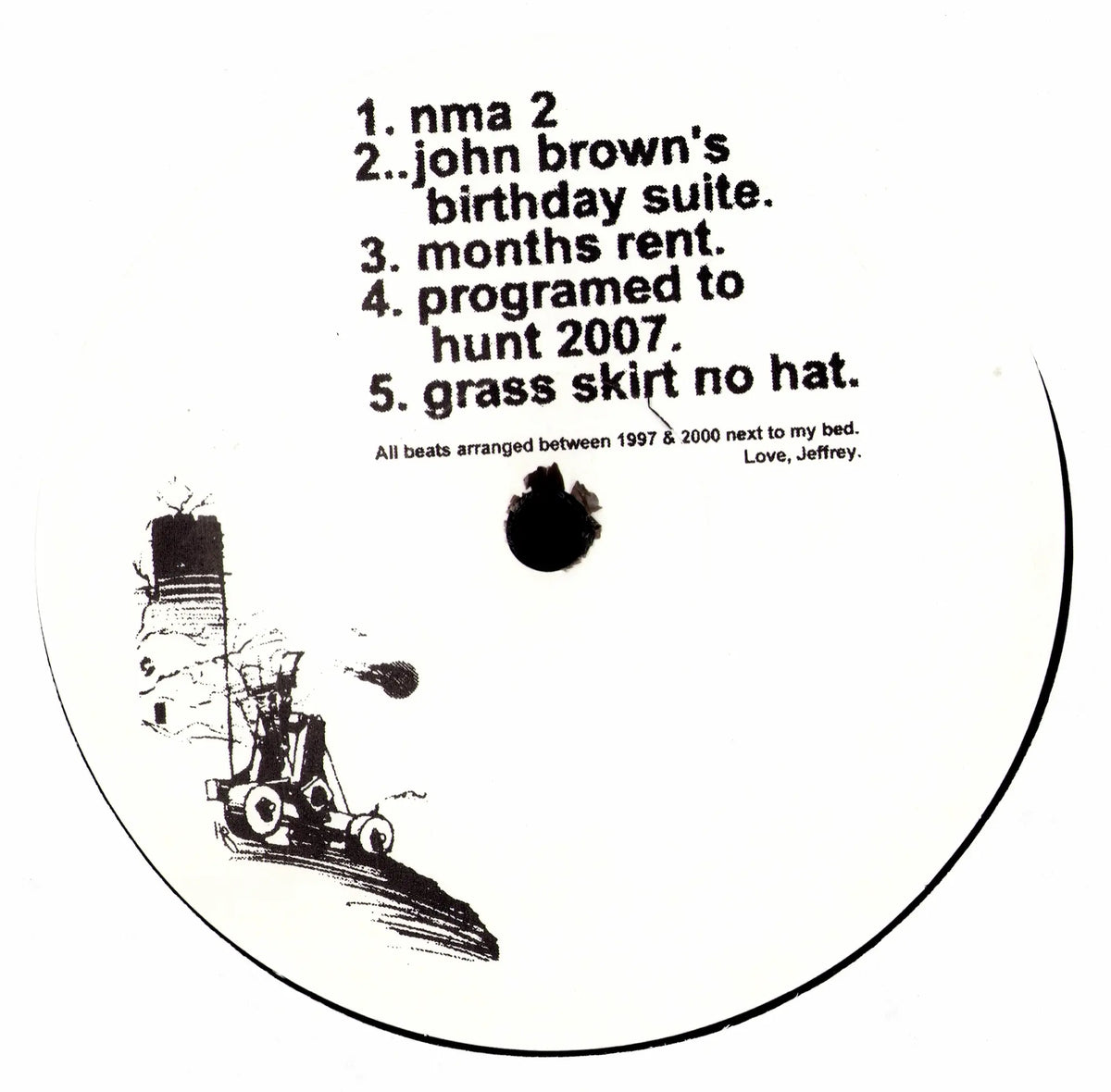 Jel – Greenball Vinyl LP Label mit fünf Titeln und Hinweis zu den Beat-Arrangements von 1997 bis 2000