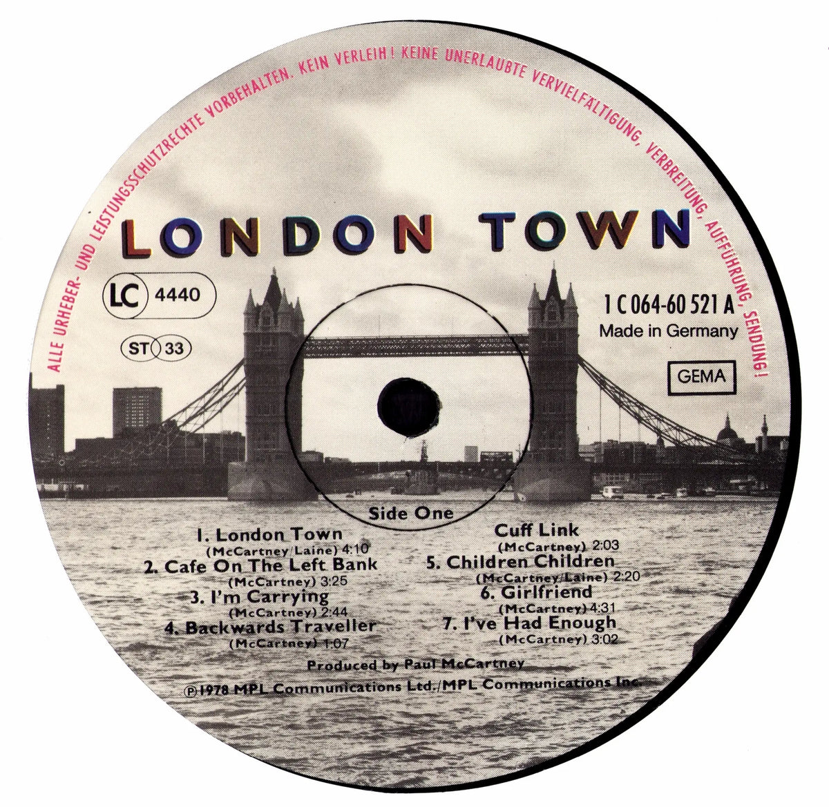 Wings – London Town Label Seite A mit Tower-Bridge-Motiv, 1C 064-60 521, Made in Germany