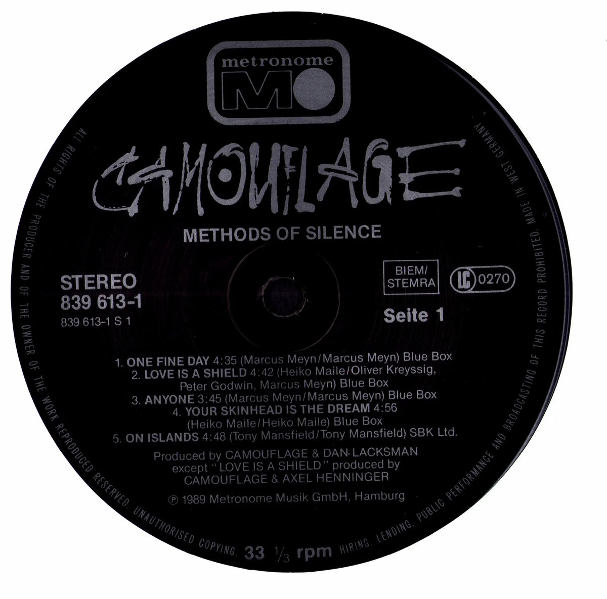 Camouflage - Methods Of Silence (Vinyl LP | EU Pressing | 1989) Gatefold - side A label
