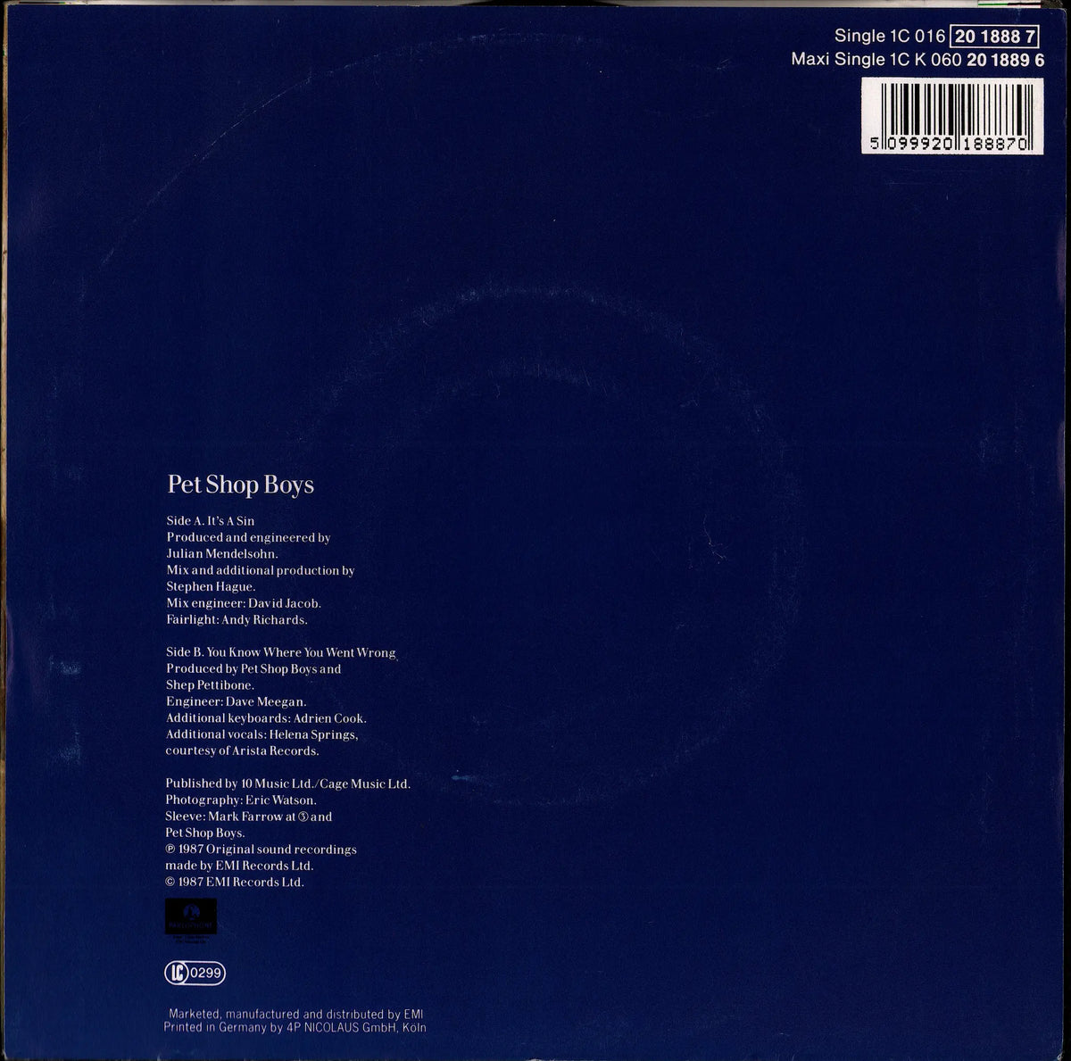 Pet Shop Boys - It's A Sin Vinyl 7" | EU Original | 1987 Kopie
